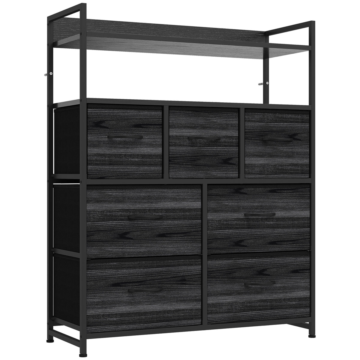 HOMCOM Chest of Drawers, Bedroom Fabric Dresser with 7 Drawers, Storage Organiser Unit with Open Shelves, Black Wood-Effect