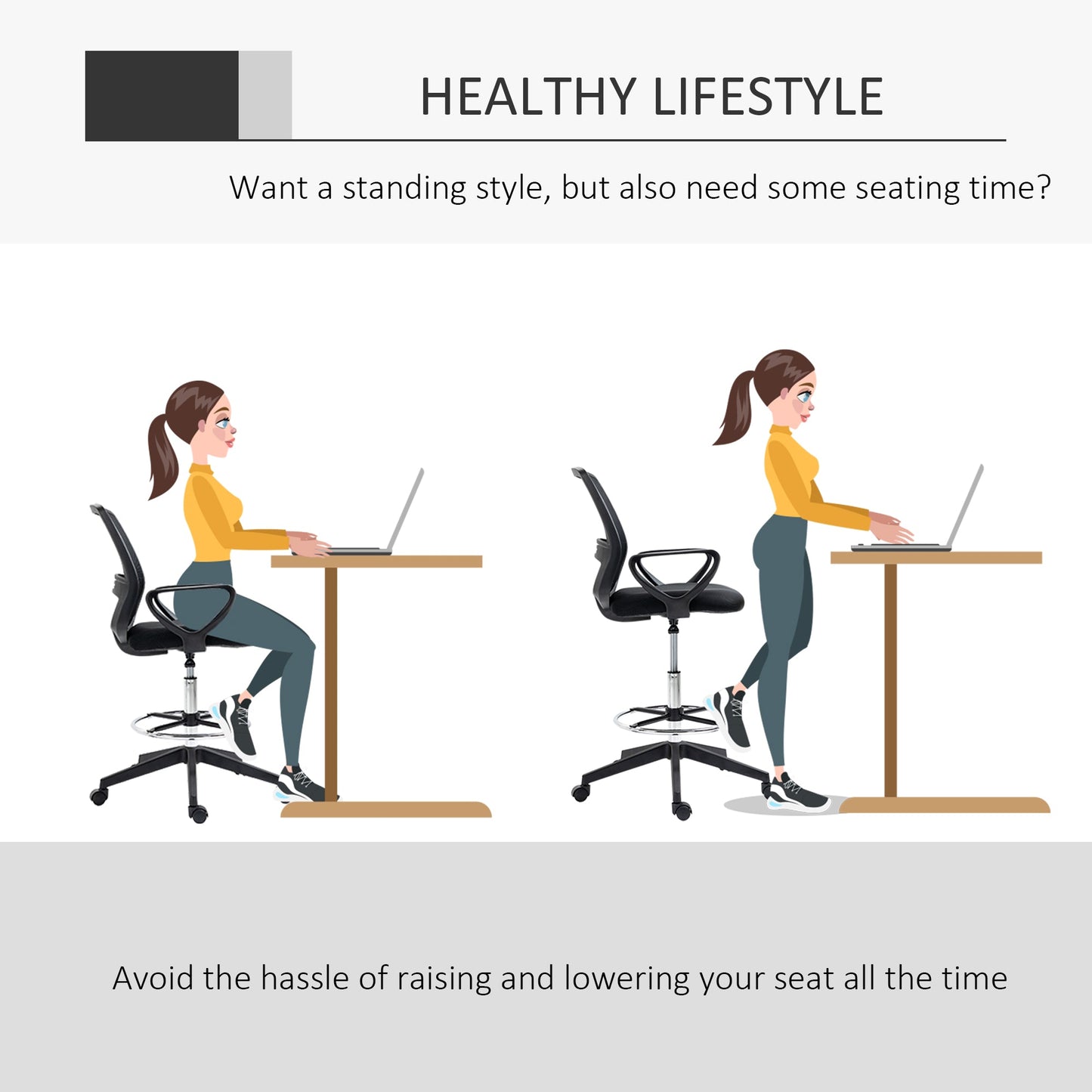 Vinsetto Drafting Chair, Ergonomic Tall Office Chair with Mesh Back, Lumbar Support, Adjustable Height and Foot Ring, Swivel Wheels, for Standing Desk, Black