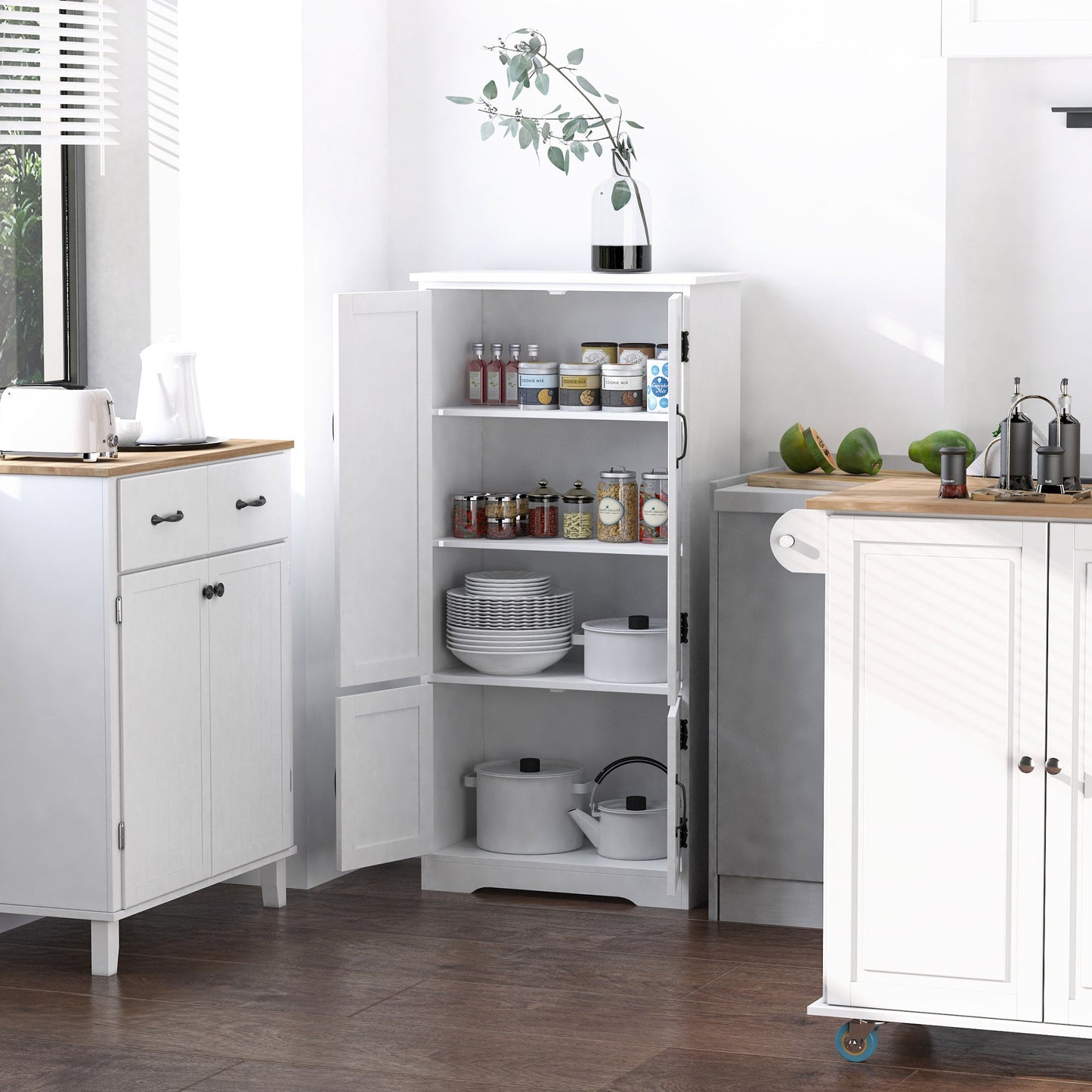 HOMCOM Accent Floor Storage Cabinet Kitchen Cupboard with Adjustable Shelves and 2 Lower Doors, White