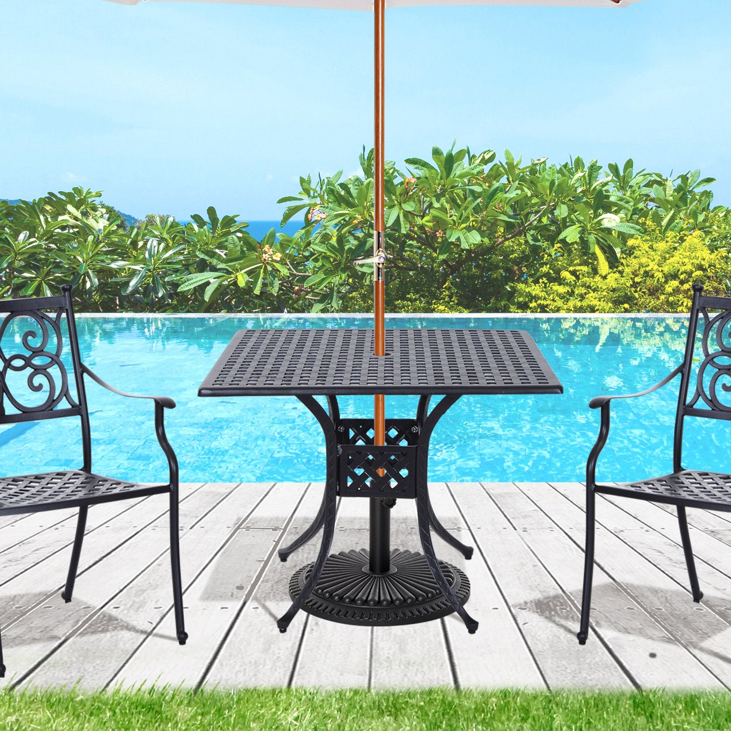 Outsunny 90cm Square Garden Table with Umbrella Hole, Aluminium Grid Motif Outdoor Dining Table for Garden Patio, Black