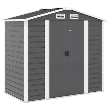 Outsunny 7 x 4ft Garden Shed, Easy to Assemble, Upgraded Galvanised Steel Frame with Foundation Kit, Double Doors with Lock, Outdoor Metal Shed with Vents and Gloves, Garden Storage Shed, Dark Grey