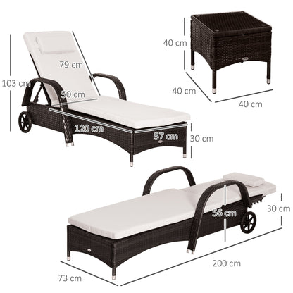 Outsunny 3 Piece Patio Lounge Chair Set, Garden Wicker Wheeling Recliner Outdoor Daybed, PE Rattan Lounge Chairs w/Cushions & Side Coffee Table Brown