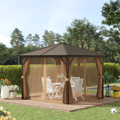 Outsunny 3 x 3 m Hardtop Gazebo with Netting and Curtains, Garden Gazebo Canopy Shelter with Metal Roof, Aluminium Frame, for Garden, Lawn, Deck, Bronze Tone