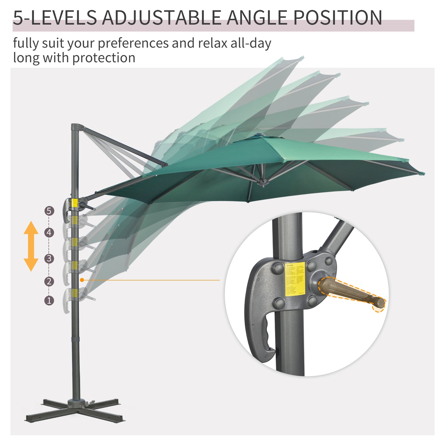 Outsunny 3 x 3(m) Parasol ogrodowy z podstawą krzyżową, obrotowy o 360√∞, z korbką i funkcją pochylania, do użytku na zewnątrz, na patio, w kolorze zielonym