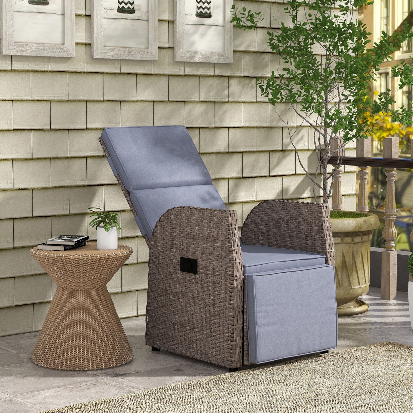 Outdoor Leisure Garden Chair W/ Cushion, Hand-Woven PE Rattan Recliner with Adjustable Back And Footrest, Patio Deck Chair with Side Table, Brown