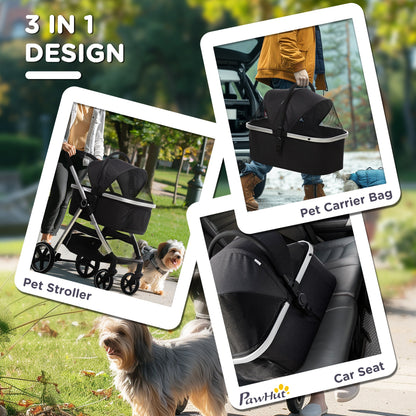 PawHut 3 in 1 One-Click Foldable Pet Stroller, Detachable Dog Cat Travel Pushchair, Car Seat w/ EVA Wheels, Basket, Adjustable Canopy, Safety Leash, Cushion, for Small Pets - Black