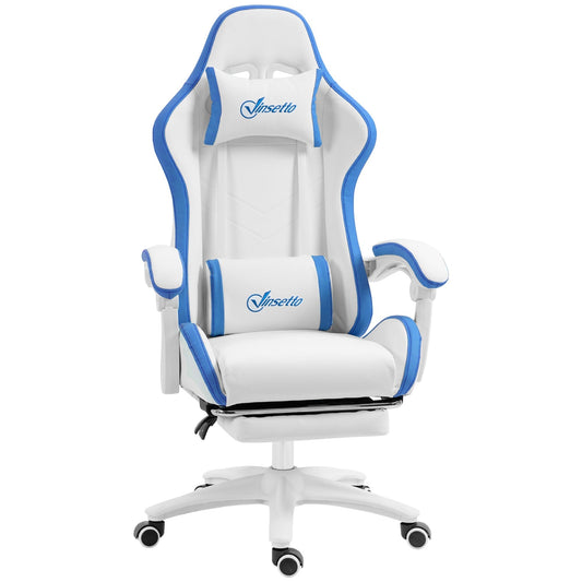 Vinsetto Computer Gaming Chair, PU Leather Office Desk Chair with Footrest, Swivel Wheels, 135  Reclining Back, Lumbar Support, Headrest for Home, White and Blue