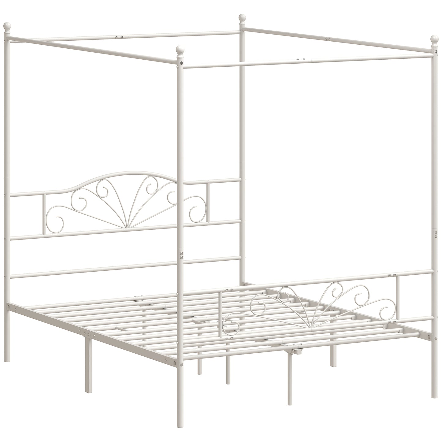 HOMCOM Canopy Bed Frame Double Size, Metal Platform Bed Frame with Headboard and Footboard, Underbed Storage, White
