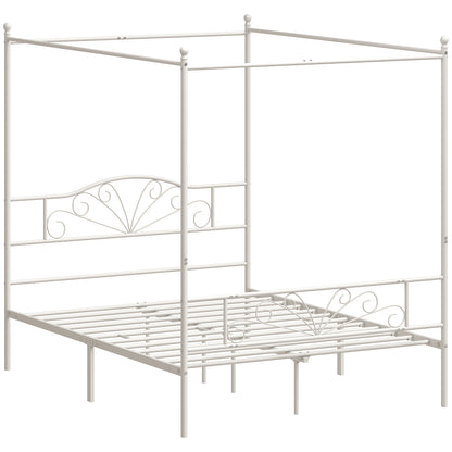 HOMCOM Canopy Bed Frame Double Size, Metal Platform Bed Frame with Headboard and Footboard, Underbed Storage, White