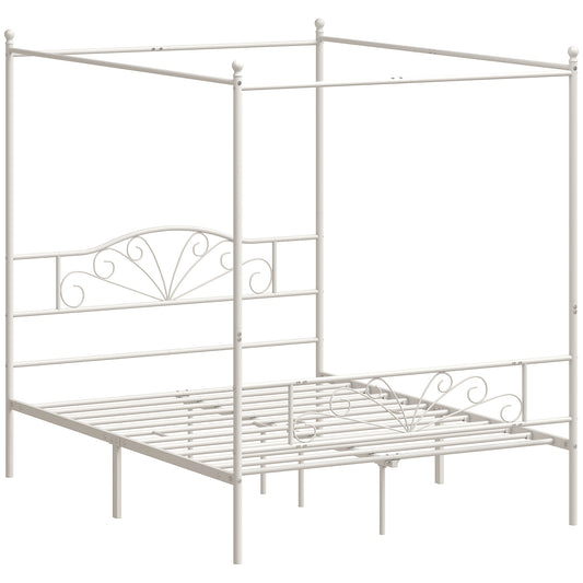HOMCOM Canopy Bed Frame Double Size, Metal Platform Bed Frame with Headboard and Footboard, Underbed Storage, White