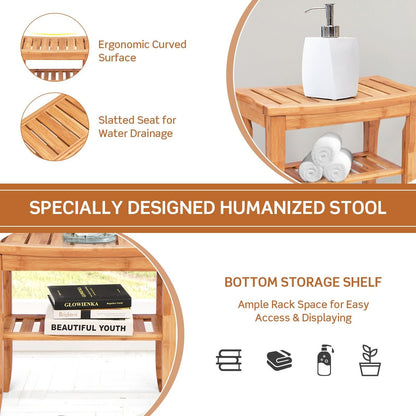 Bamboo Shower Bench with Storage Shelf and Non-Slip Feet