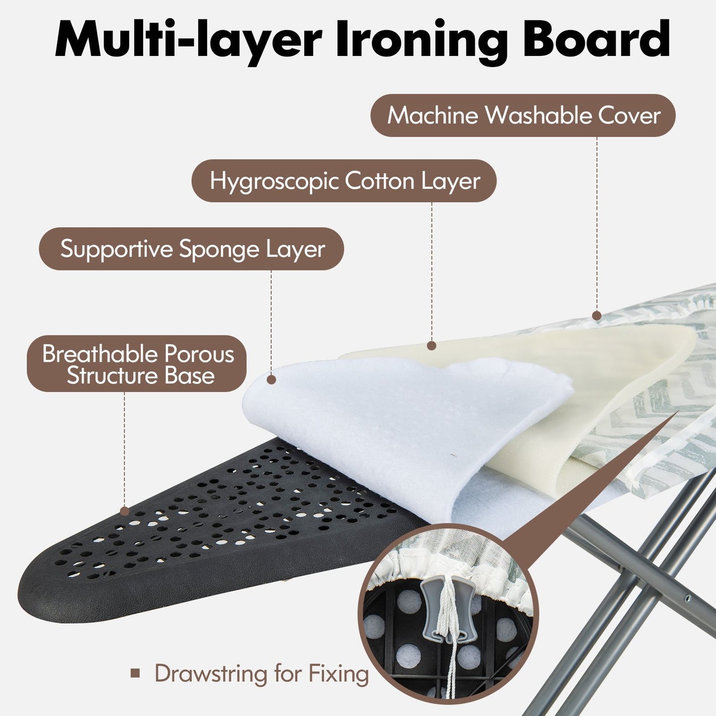 Foldable Ironing Board with Iron Rest Extra Cotton Cover-White