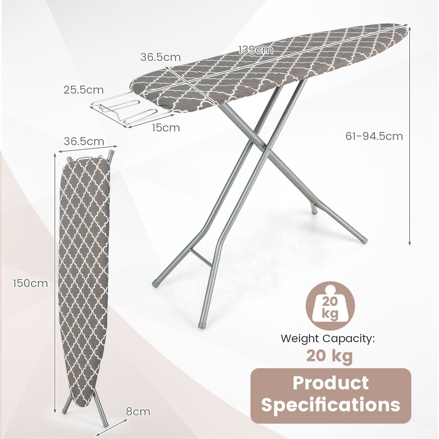 154 x 36cm Folding Ironing Board with Extra Cotton Cover-Grey