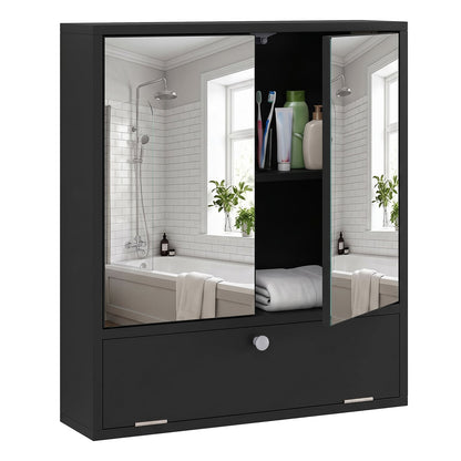 Bathroom Wall Cabinet with 2 Mirrored Doors & Flip-Down Door for Storage-Black