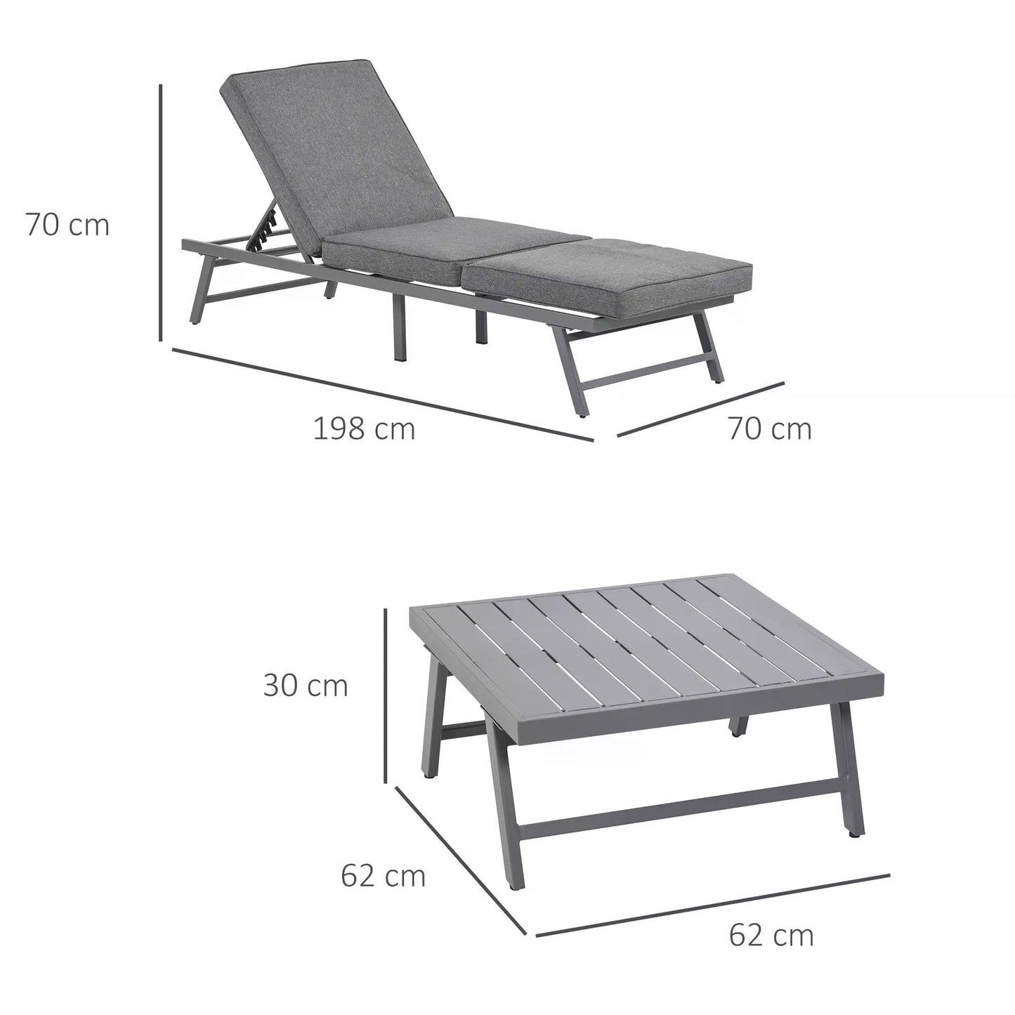 Outsunny 3 Pieces Garden Furniture Sets, 6 Seater Corner Sofa Set with Adjustable Backrest Chase Lounge with Slatted Metal Top Table, Padded Cushion, Grey