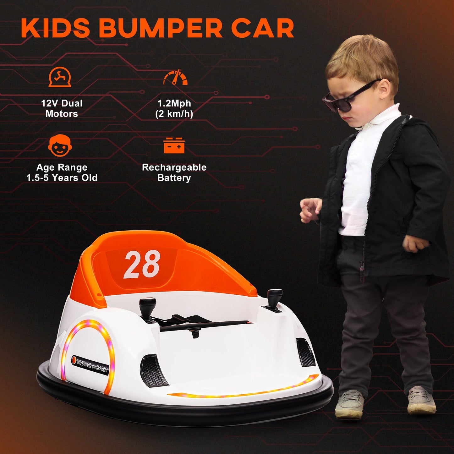 AIYAPLAY 360¡ Rotation Kids Bumper Car, 12V Waltzer Car with Remote Control, Dual Joysticks, Music Lights - Orange