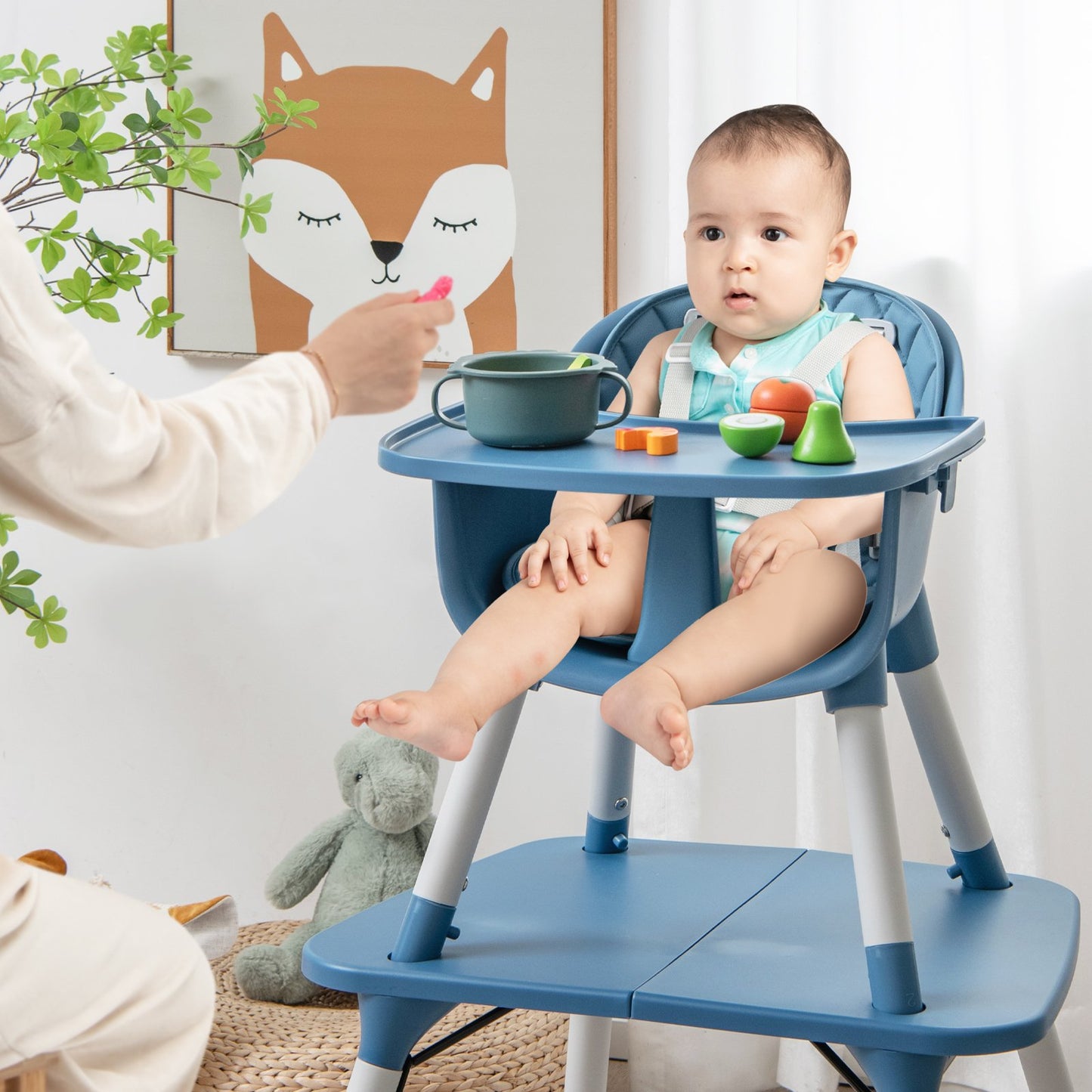 convertible Baby High Chair with 2-Position Removable Tray-Blue