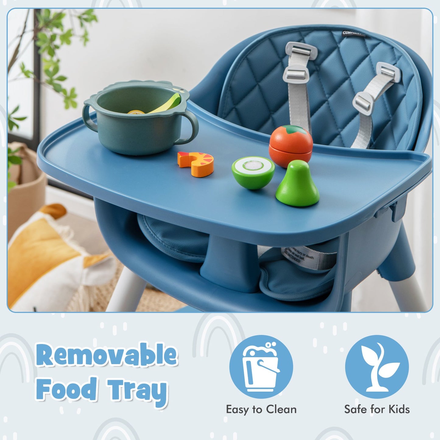 convertible Baby High Chair with 2-Position Removable Tray-Blue
