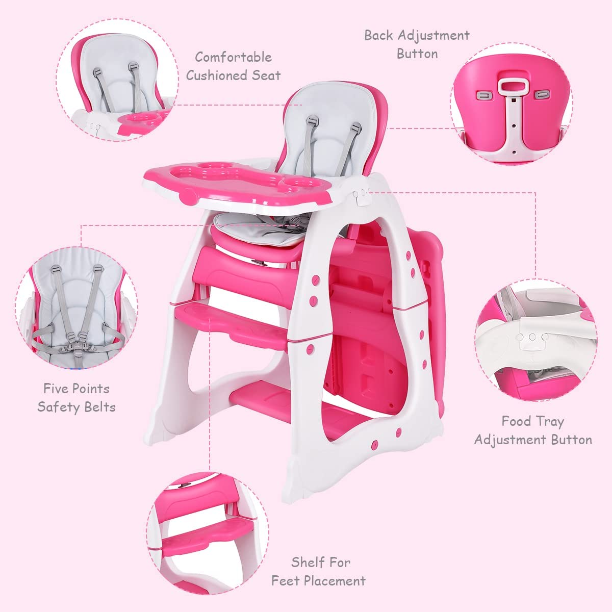 Convertible Baby High Chair with 5 Point Harness and Adjustable Feeding Tray-Red