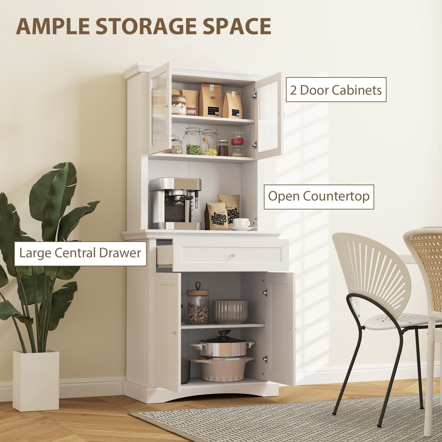 HOMCOM 4-Door Kitchen Cupboard with Drawer, Freestanding Kitchen Cabinet with Glass Doors, Adjustable Shelves and Open Counter, White