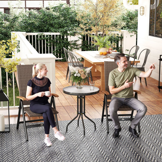 Outsunny 2 Pieces Folding Rattan Garden Dining Chairs with 5-level Reclining High Back, Wood Armrests for Outdoor - Brown