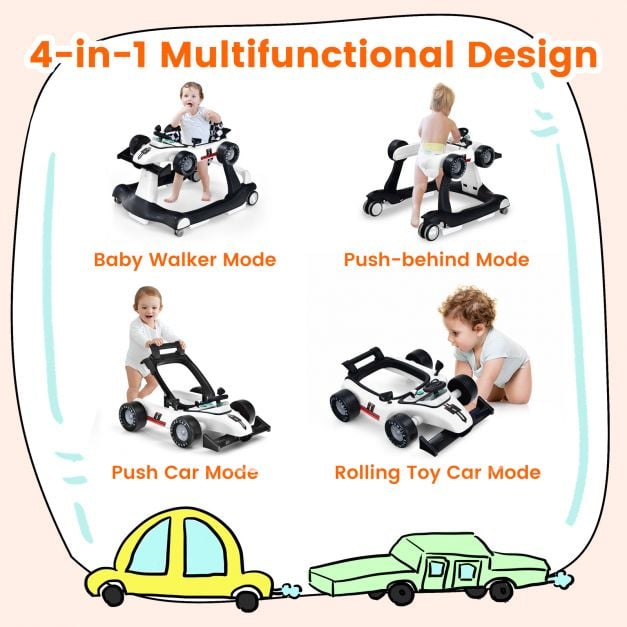 4-in-1 Baby Push Walker with Adjustable Height and Speed-White