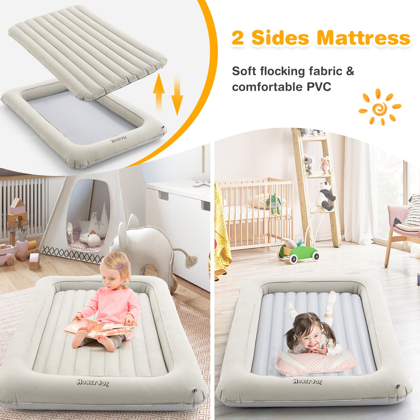 Inflatable Toddler Travel Bed with Electric Pump for Kids Room Bedroom-Grey