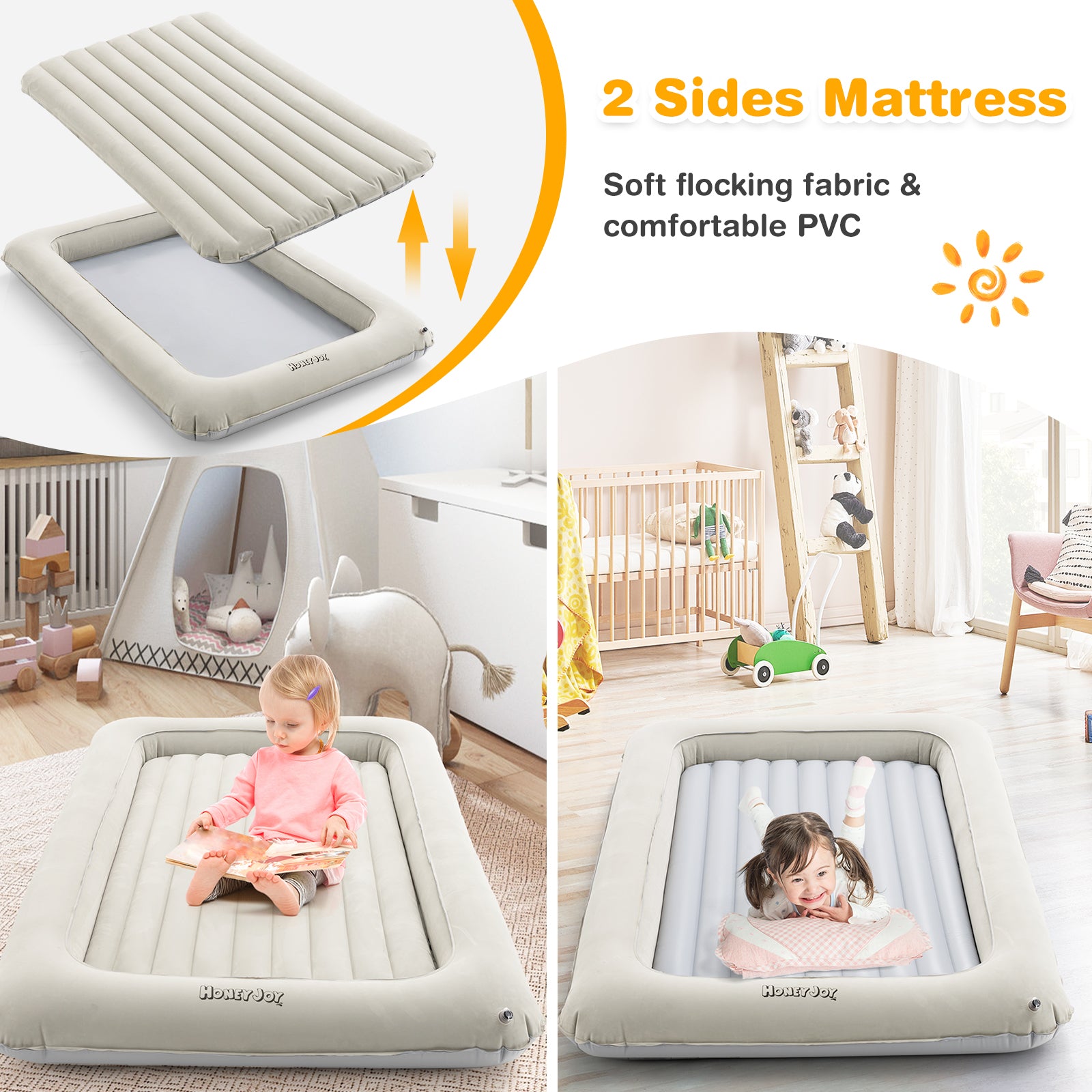 Inflatable Toddler Travel Bed with Electric Pump for Kids Room Bedroom-Grey