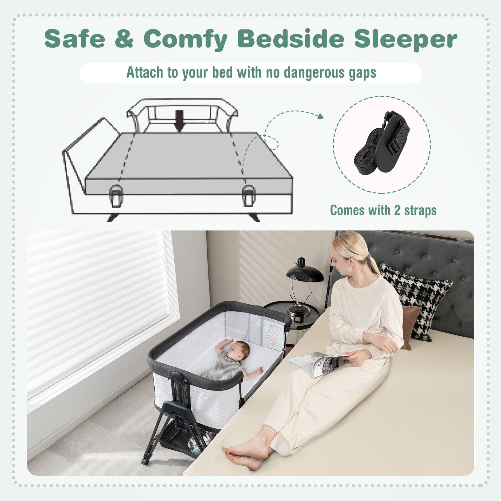 Baby Bedside Crib with Mattress for Birth to 9kg-Grey