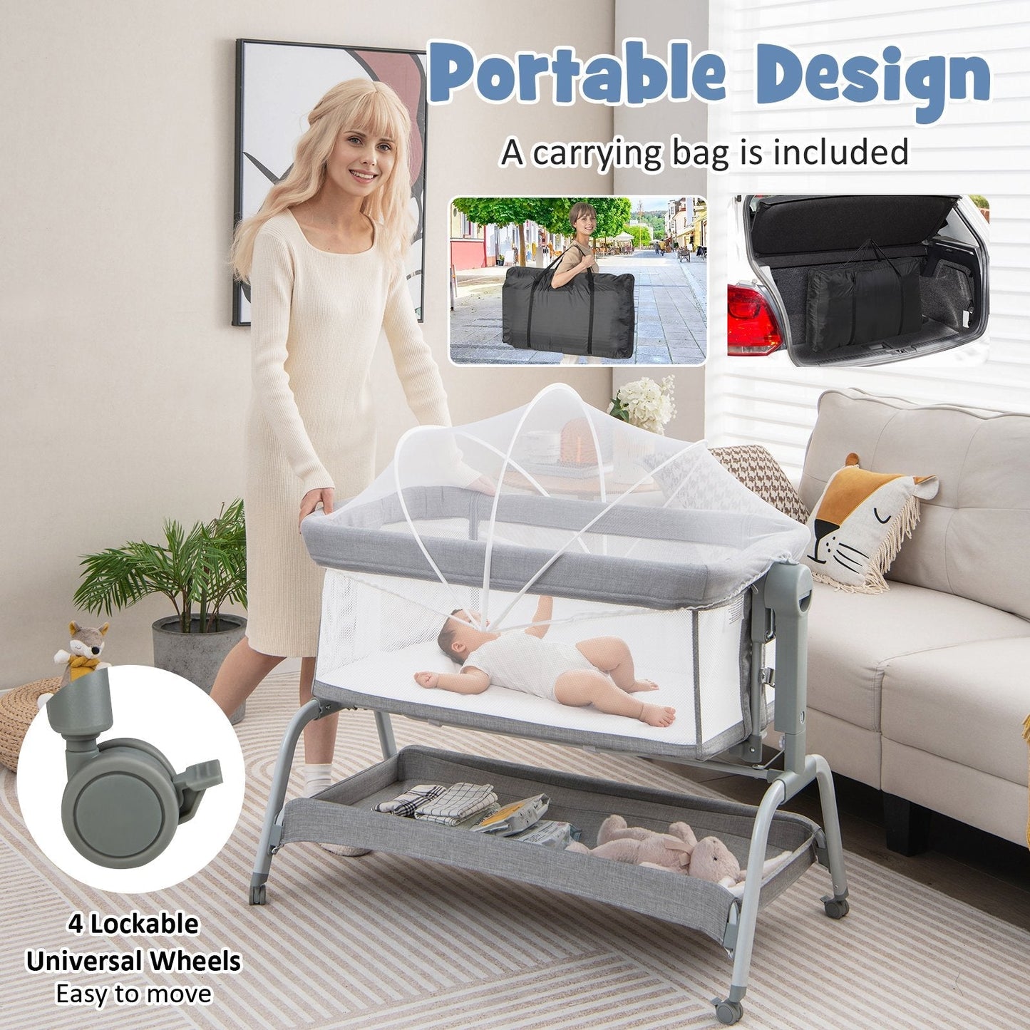 Baby Bassinet with Net with 6 Adjustable Heights-Grey
