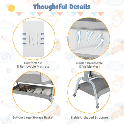 Baby Bassinet with Net with 6 Adjustable Heights-Grey