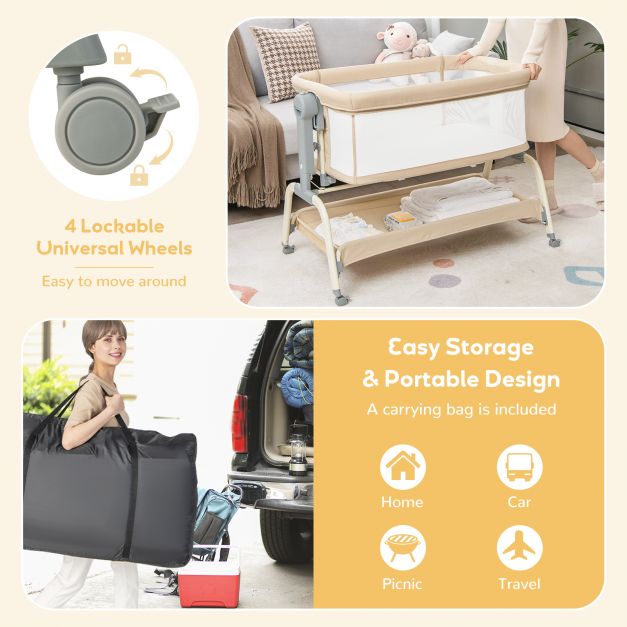 Baby Bassinet with Net with 6 Adjustable Heights-Beige