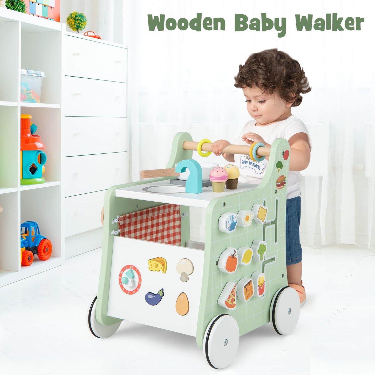 6-in-1 Wooden Baby Stroller Push and Pull Learning Activity Center-Green