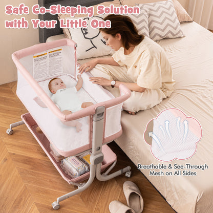 Baby Bassinet Bedside Sleeper with 6-Level Adjustable Height and Storage Shelf-Pink