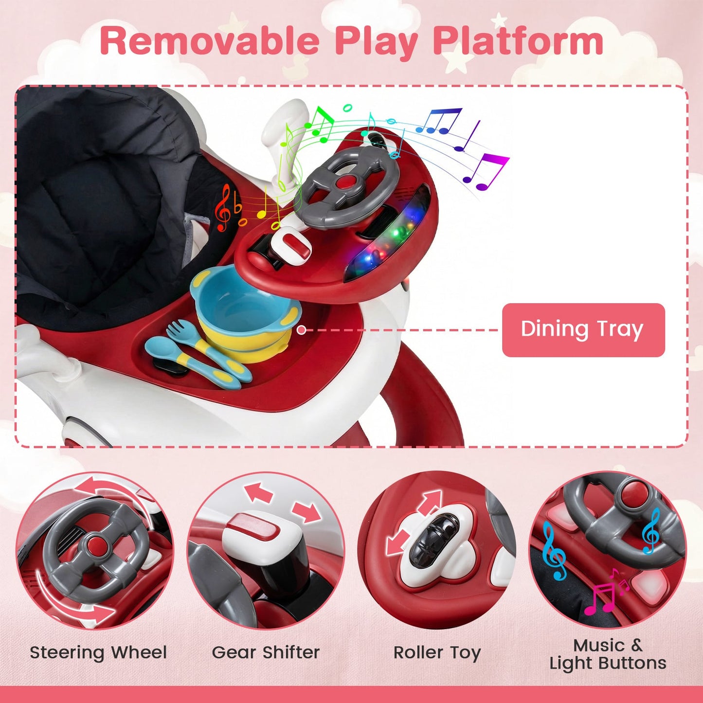 6-in-1 Baby Walker Toddler Push Car with Canopy and Wheels-Red