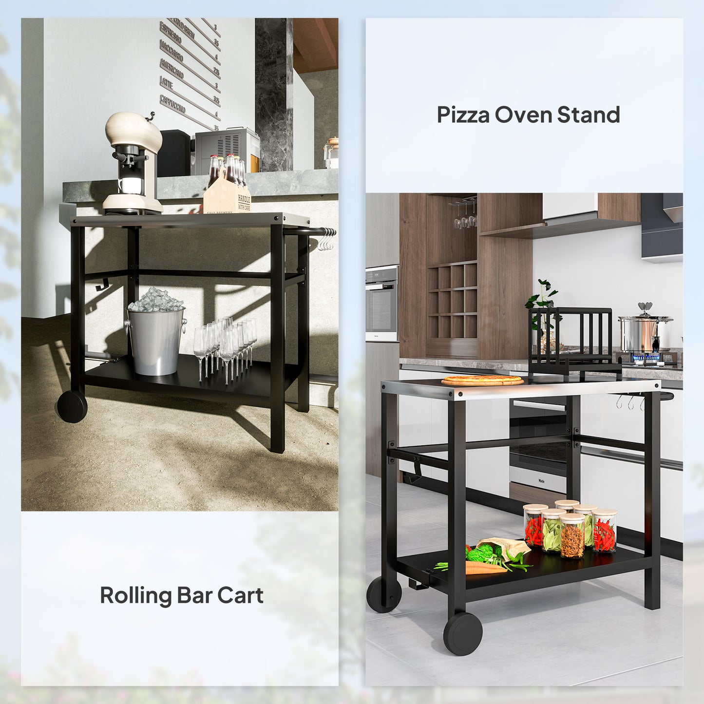 Outsunny Outdoor Grill Dining Cart 2-Shelf Movable Pizza Oven Table Stand z blatem ze stali nierdzewnej, przenośny wózek do grilla Food Prep Outdoor Kitchen BBQ Station z haczykami, kółkami i uchwytem, ​​antracytowy