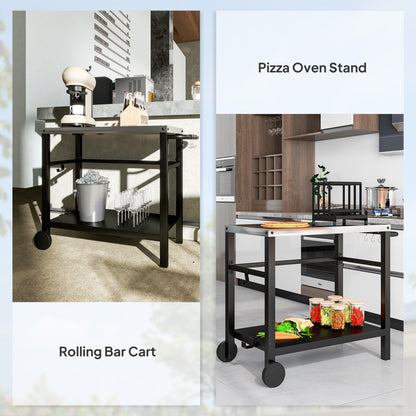 Outsunny Outdoor Grill Dining Cart 2-Shelf Movable Pizza Oven Table Stand z blatem ze stali nierdzewnej, przenośny wózek do grilla Food Prep Outdoor Kitchen BBQ Station z haczykami, kółkami i uchwytem, ​​antracytowy