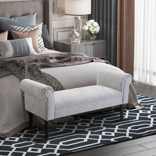 HOMCOM Bed End Side Chaise Lounge Sofa Window Seat Arm Bench Wooden Leg Linen Fabric Cover Light Grey