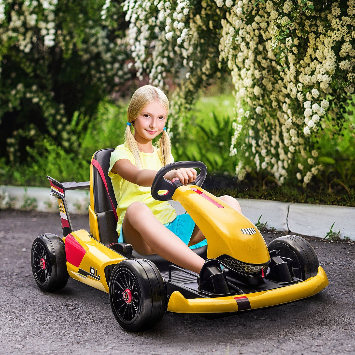 HOMCOM Electric Go Kart with Adjustable Footrest, Reversing Steering Wheel, Kids Ride-On Racing Go Kart with 12V Rechargeable Battery, 2 Speeds, Remote, Light Music Horn, Toy for Boys Girls - Yellow