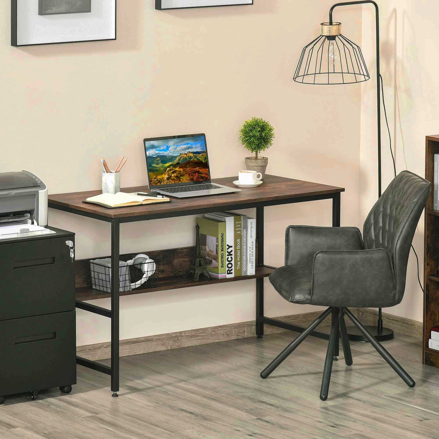 مكتب كمبيوتر من HOMCOM مع رف تخزين، 120 × 60 سم، مكتب منزلي بإطار معدني، طاولة دراسة، سهل التجميع، بني ريفي