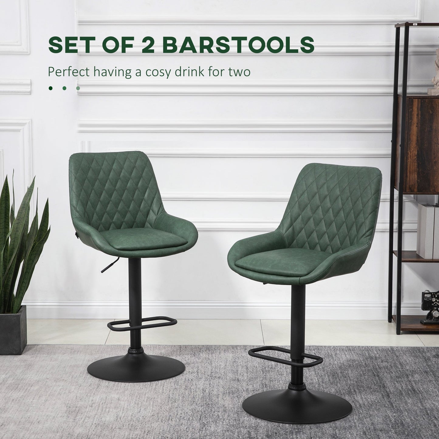 Retro Bar Stools Set of 2, Adjustable Kitchen Stool, Upholstered Bar Chairs with Back, Swivel Seat, Green