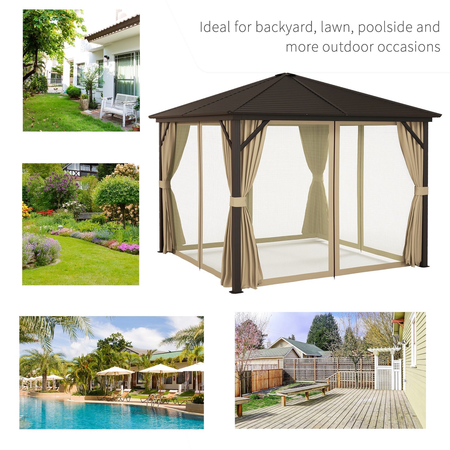 Outsunny 3 x 3 M Garden Lawn Patio Hard Top Metal Roof Gazebo Canopy Shelter With Netting And Curtains Aluminium Frame - Bronze Tone