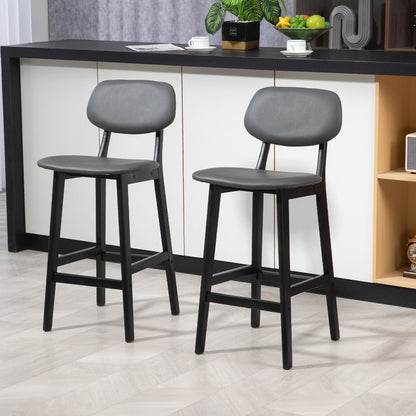 HOMCOM Bar Stools Set of 2, Breakfast Bar Chairs, PU Leather Upholstered Kitchen Stools with Backs, Footrests and Solid Wood Legs, Dark Grey