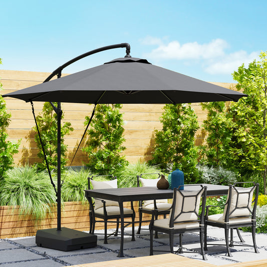 Outsunny 3(m) Parasol ogrodowy z wysięgnikiem i podstawą do napełniania do 90 kg, pasek chroniący przed wiatrem, pokrowiec, okrągły wiszący parasol typu banan z korbką i funkcją pochylania, UPF50+ Parasol tarasowy, szary