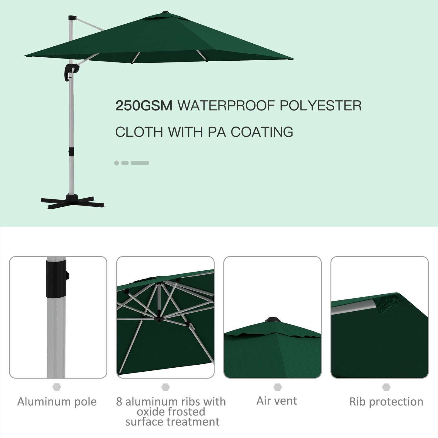 Parasol ogrodowy Outsunny Square Cantilever z pięciopozycyjnym baldachimem – zielony
