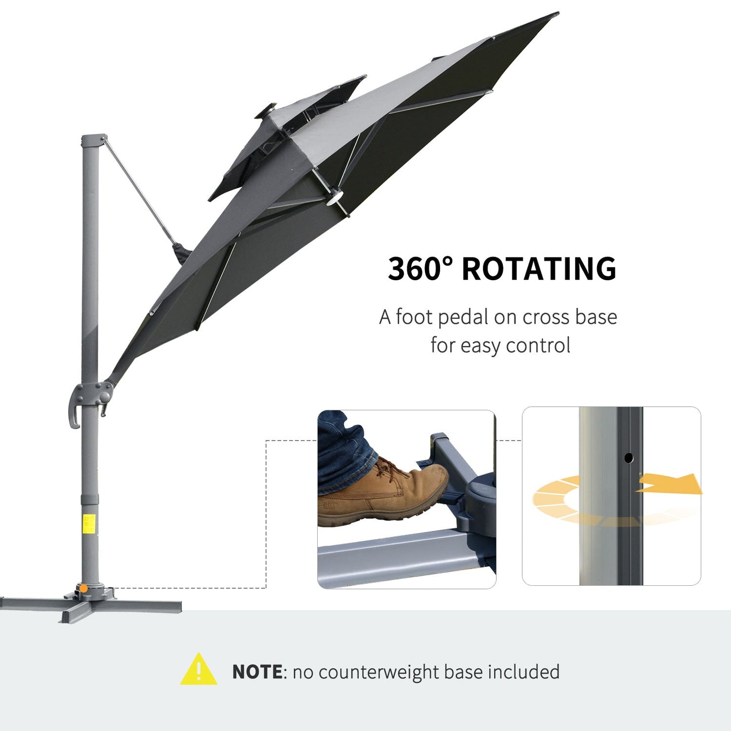 Outsunny 3m Cantilever Parasol w/ Solar Lights Power Bank Cross Base مظلة قابلة للتعديل 360 درجة تدور في الهواء الطلق مظلة حديقة 2-Tier Roof Sun Shade Gray