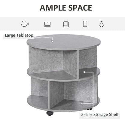 HOMCOM Round Coffee Table with Wheels, 3-Tier Rolling Side Table for Living Room with Divided Shelves, Cement Colour