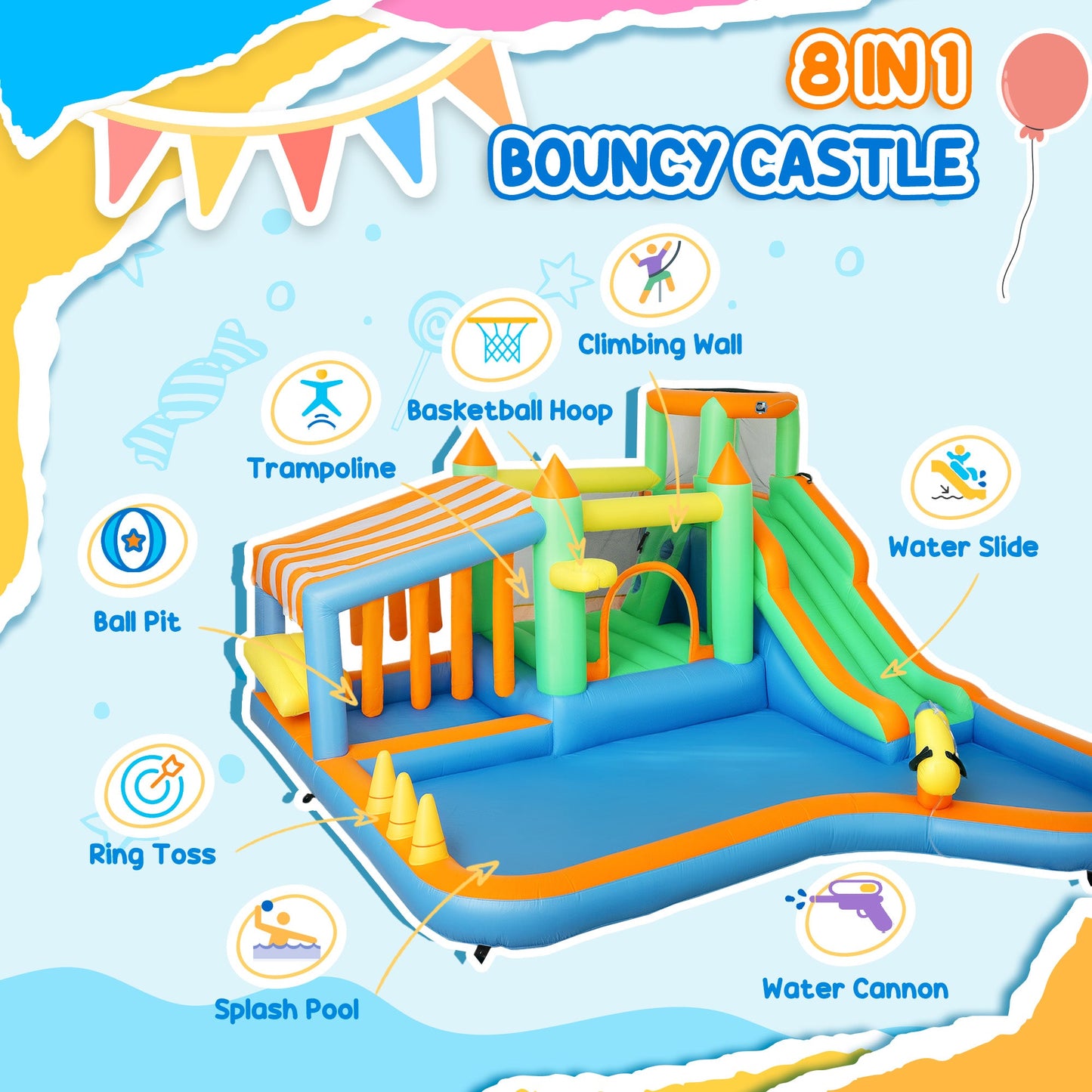 AIYAPLAY 8 in 1 Inflatable Bounce House with 680W Blower, Slide, 2 Pools, Basketball Hoop, Climbing Wall, Water Gun, Ring Toss