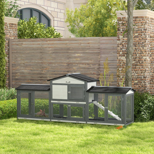 PawHut 2-Tier Large Rabbit Hutch Outdoor with Double Side Run Boxes, No-leak Plastic Tray, Ramp, 230 x 53 x 93.5cm, Light Grey