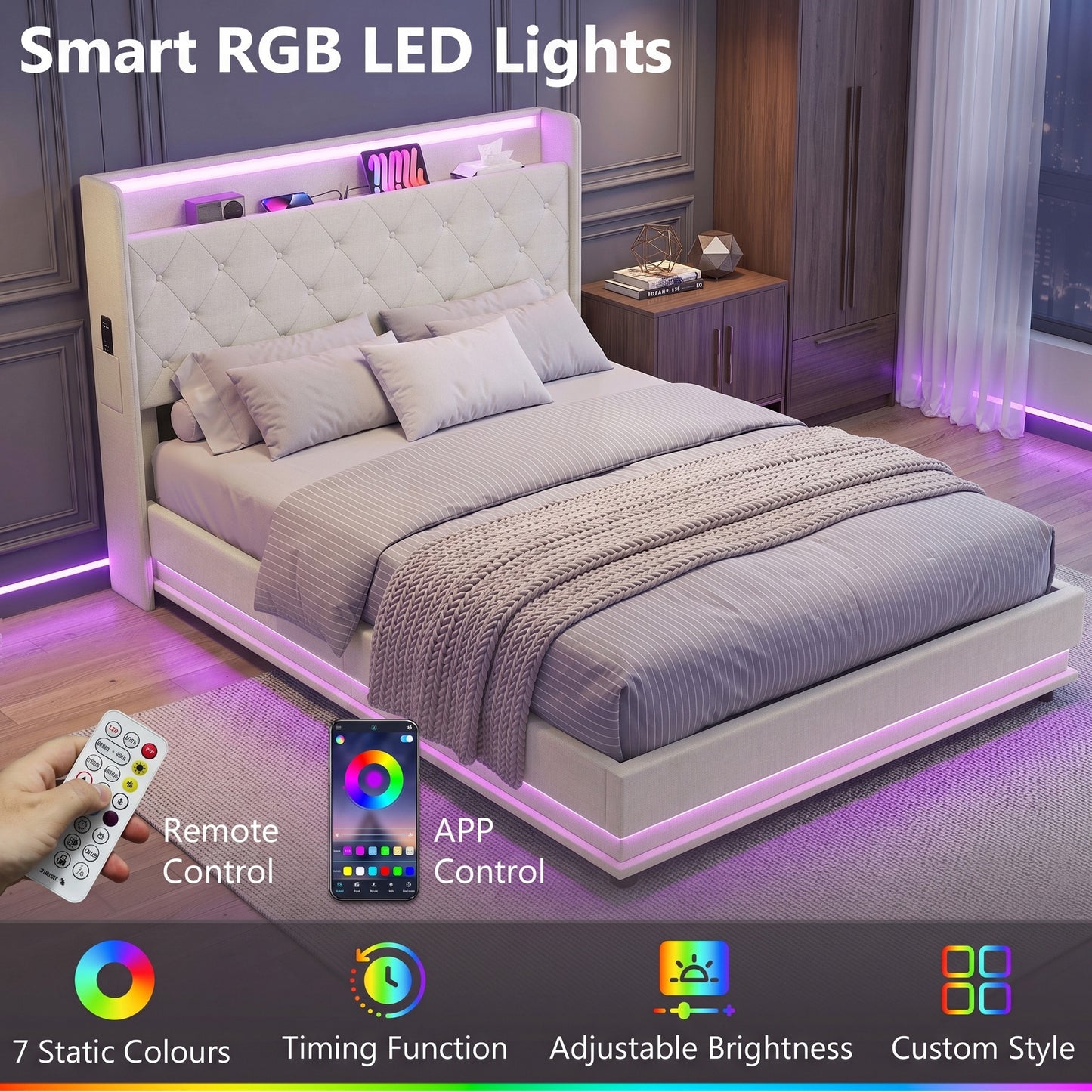 HOMCOM 4ft6 Double Bed Frame with Headboard, Platform Bed Frame with Hydraulic Storage, LED Lights and Charging Station, Cream